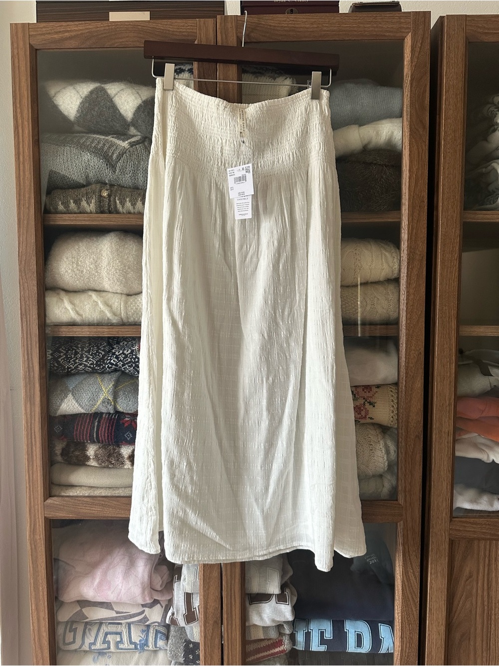 American Eagle Outfitters Cream Midi Skirt with Smocked Waist
